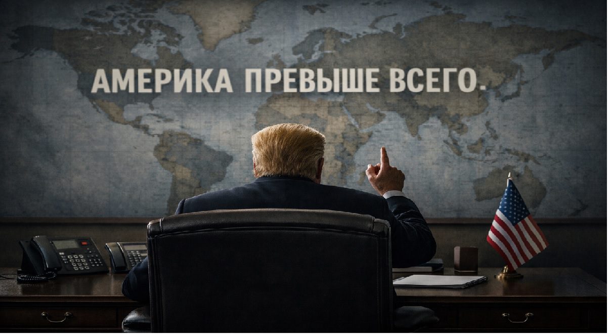 Президент США за рабочим столом перед картой мира с надписью «Америка превыше всего» — символ приоритета национальных интересов США во внешней политике