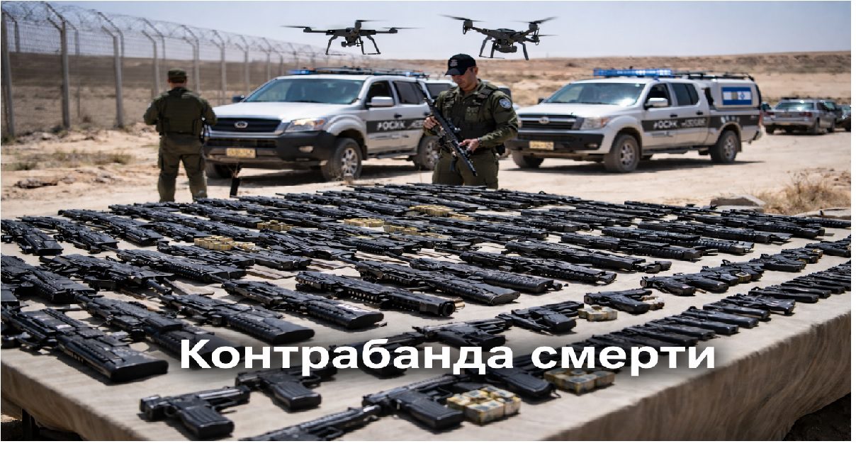 Seized illegal weapons displayed by Israeli border police near the desert border, illustrating weapons smuggling into Israel