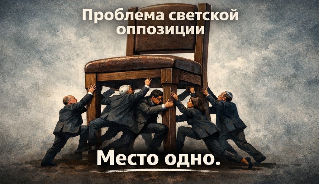 АЛЬТЕРНАТИВНАЯ СТОРОНА: Большой стул как символ власти и несколько лидеров светской оппозиции, которые толкаются и просят занять одно из мест.