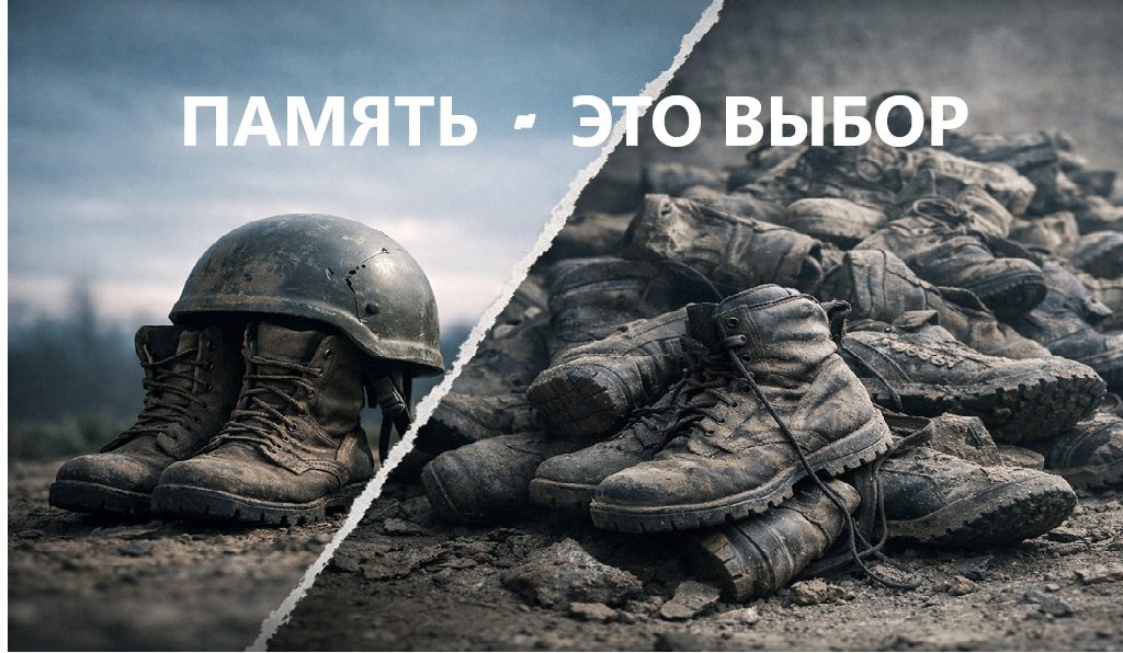 Солдатские ботинки и каска как символ памяти о погибших военнослужащих