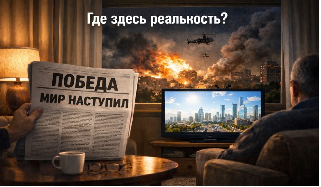 Мир и победа на экране телевизора и в газете, в то время как за окном продолжается война и разрушения — визуальная метафора искажения реальности в СМИ
