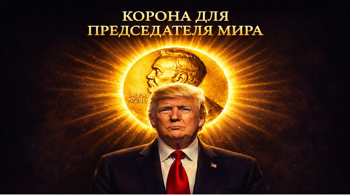 Иллюстрация Дональда Трампа на тёмном фоне с символическим золотым образом Нобелевской премии как аллегория статуса председателя Совета мира