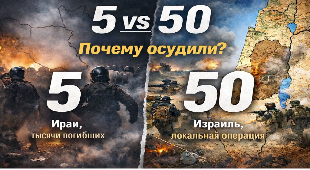 Сравнительная инфографика: Иран — тысячи погибших во время подавления протестов, реакция 5 экспертов ООН; Израиль — местная антитеррористическая операция, осуждение 50 экспертов ООН.