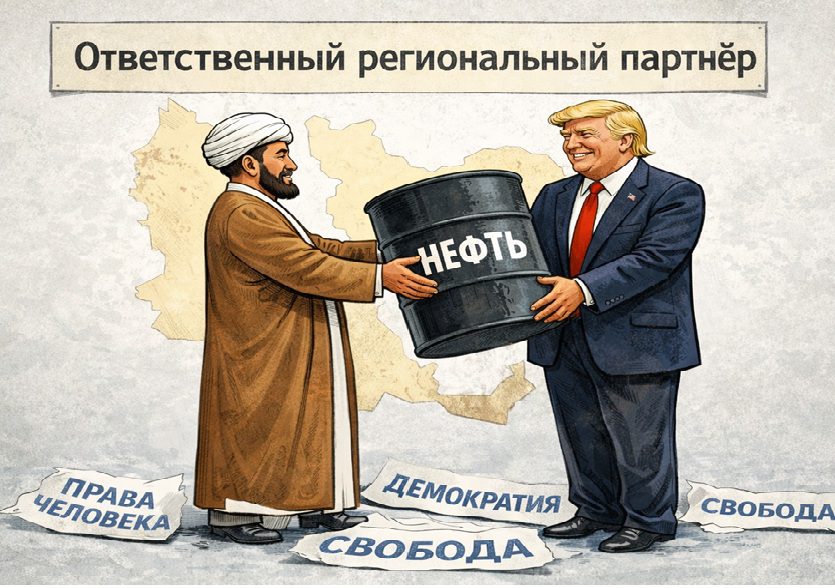 Ироничная карикатура о геоэкономической политике США в отношении Ирана, нефти и прав человека