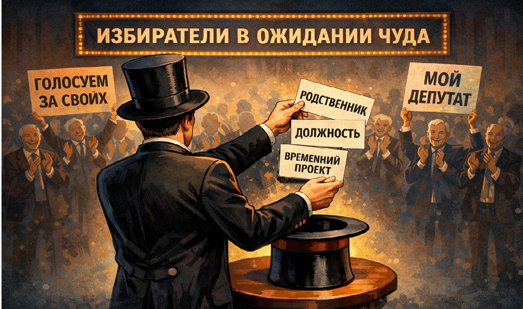 Политическая сатира: фокусник в цилиндре вытаскивает «должности» и «проекты», на заднем плане аплодирующие избиратели в ожидании чуда.