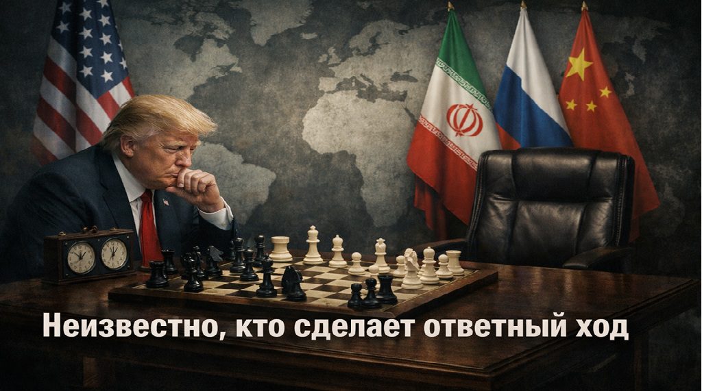 Дональд Трамп за шахматной доской на фоне карты мира, противостояние США и Ирана в глобальном геополитическом контексте