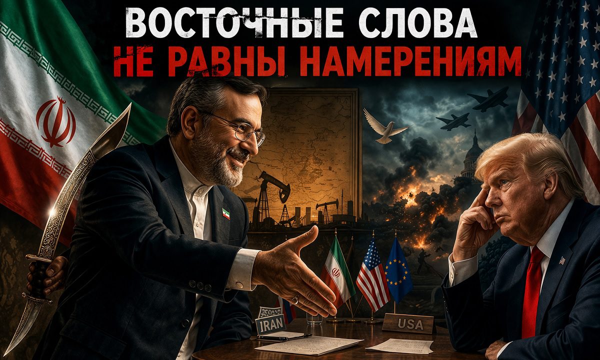 Иранский дипломат протягивает руку на переговорах, скрывая нож за спиной, символизируя расхождение между словами и намерениями