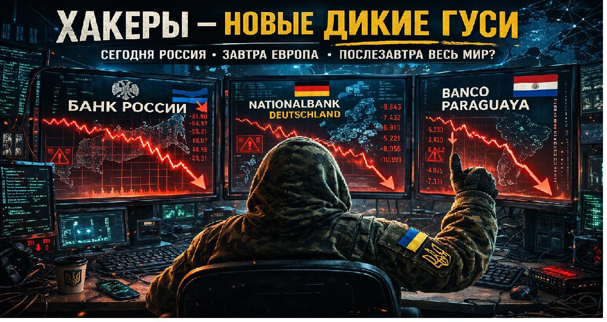 Хакер с украинской нашивкой перед экранами с банковскими системами и падающими графиками, иллюстрация кибератак и цифровой войны