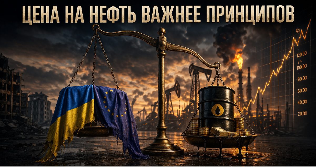 Весы, на одной чаше флаги Украины и ЕС как символ демократии, на другой — нефть и деньги, перевешивающие баланс на фоне нефтяной инфраструктуры и роста цен
