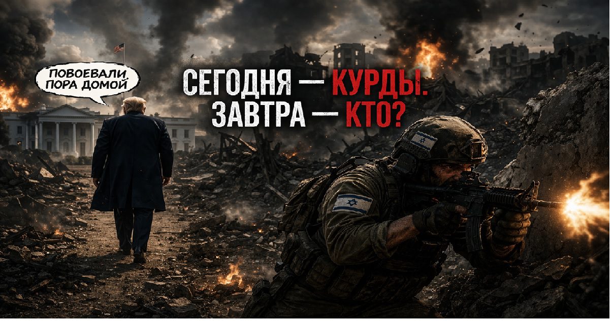 Израильский солдат ведёт бой среди руин, в то время как американский лидер уходит в сторону Белого дома — символ отказа от союзников