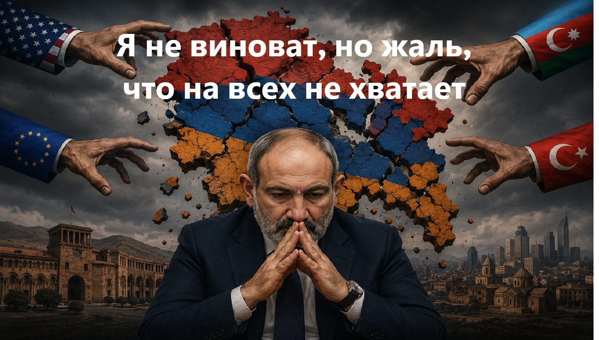 Пашинян на фоне расколотой карты Армении, к которой тянутся руки США, ЕС, Турции и Азербайджана