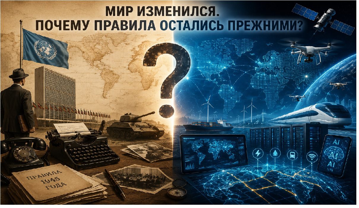 Мир XXI века и правила XX века: символическое противопоставление старого мирового порядка и новой цифровой эпохи.