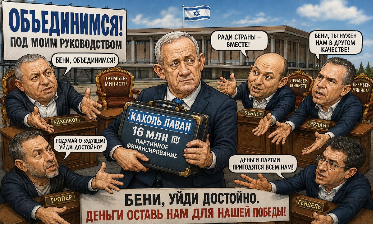 Бени Ганц с чемоданом «Кахоль Лаван — 16 млн шекелей», вокруг него политики призывают к объединению и требуют оставить деньги партии