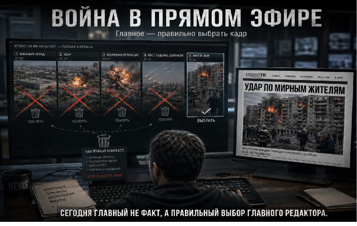 Война в прямом эфире: редакция выбирает кадр разрушенного жилого дома, исключая из публикации военный контекст события