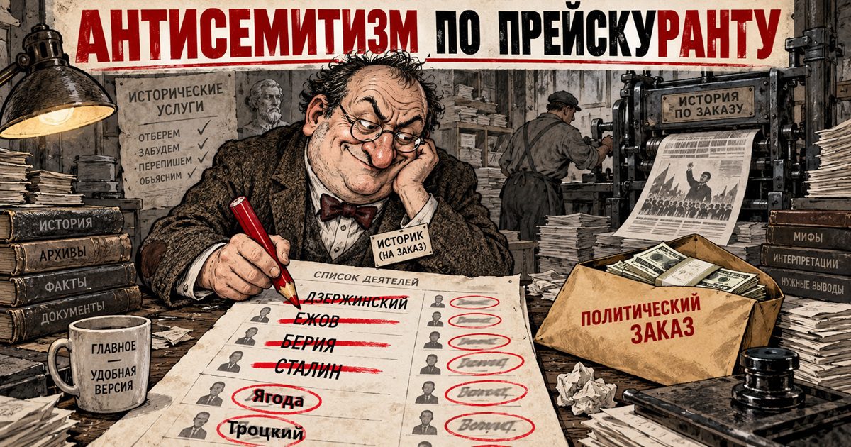 Заказной историк вычёркивает фамилии Дзержинского, Ежова, Берии и Сталина, выбирая только удобные фамилии для антисемитского пасквиля
