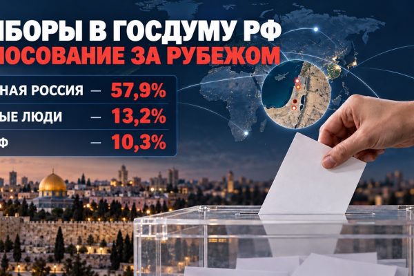 Рука опускает бюллетень в урну на фоне карты мира и Иерусалима. На иллюстрации показаны итоги голосования за рубежом на выборах в Госдуму РФ.