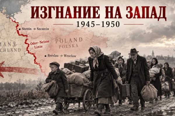 Изгнание немцев на запад после Второй мировой войны: карта линии Одер—Нейсе и колонна беженцев 1945–1950