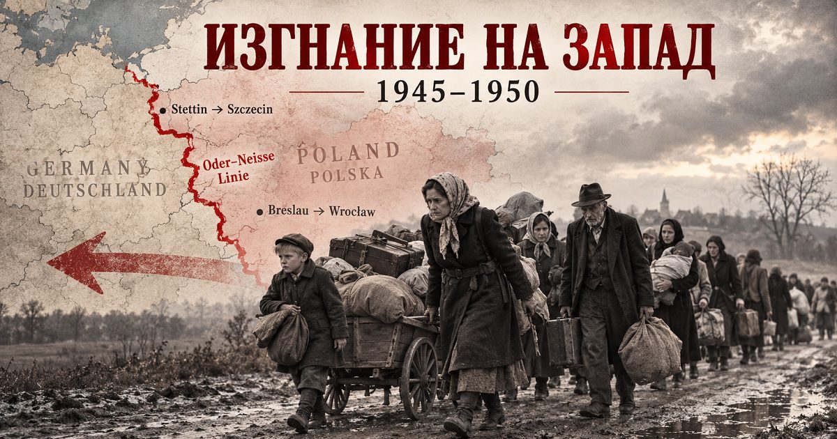 Изгнание немцев на запад после Второй мировой войны: карта линии Одер—Нейсе и колонна беженцев 1945–1950