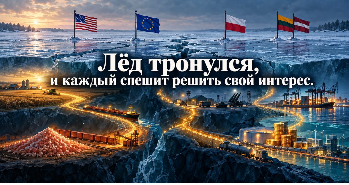 Схема с флагами США, Евросоюза, Польши, Литвы и Латвии над треснувшим льдом; под ним — калий, торговые пути и экономические интересы.