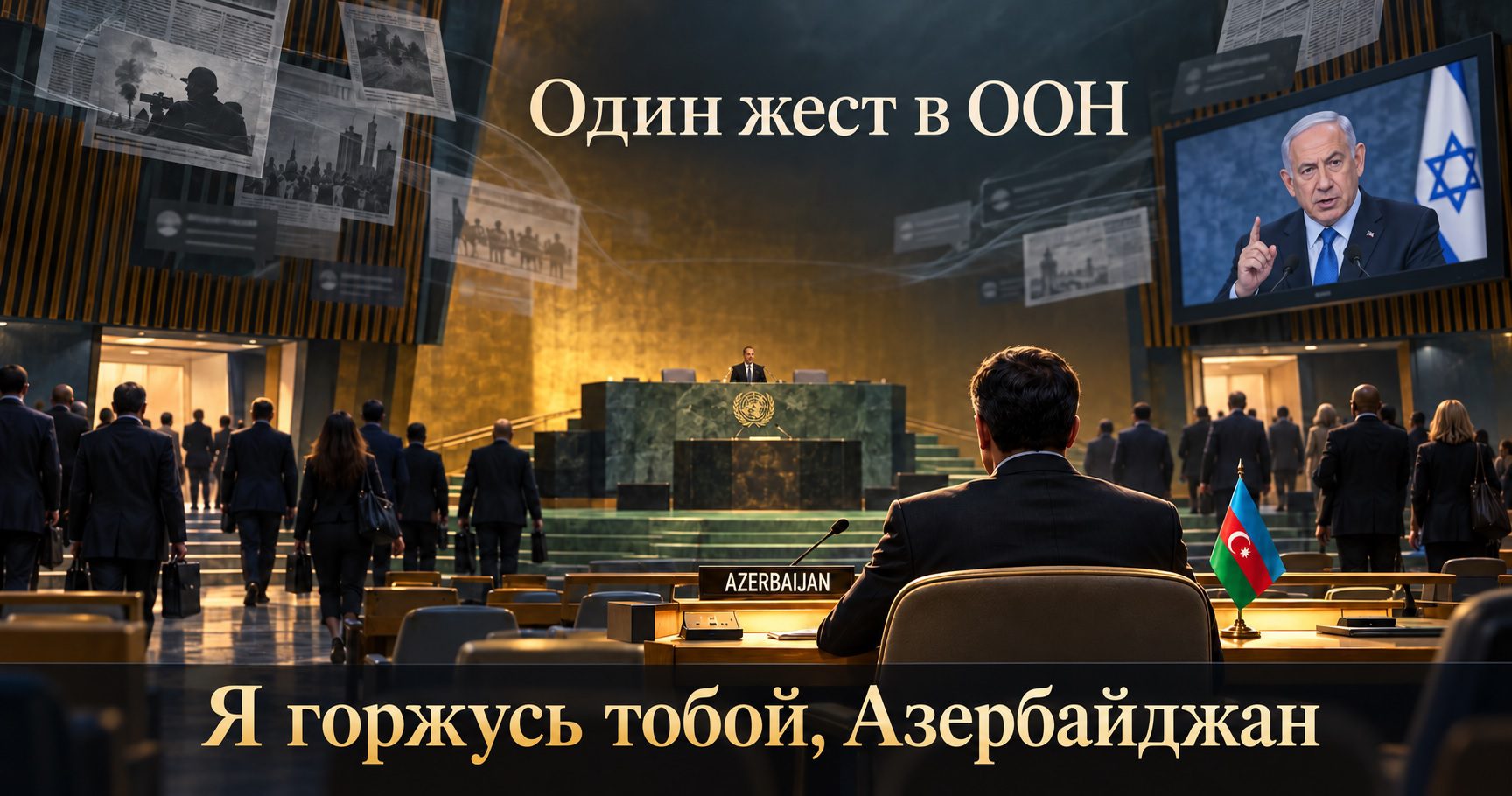 Представитель Азербайджана остаётся в зале Генеральной Ассамблеи ООН во время выступления Биньямина Нетаньяху, пока другие делегаты уходят.