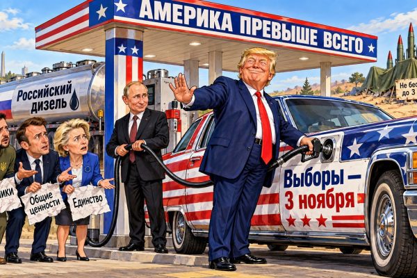 Карикатура: Трамп заправляет предвыборный автомобиль российским дизелем при помощи Путина, пока Зеленский и европейские лидеры возмущаются.
