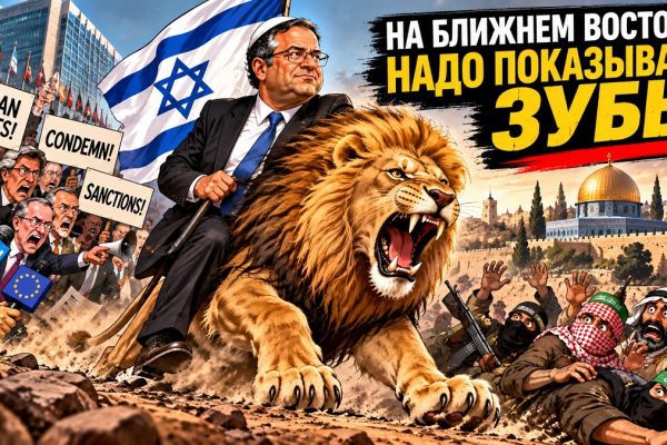 Политическая карикатура: Итамар Бен-Гвир рядом с рычащим израильским львом демонстрирует решимость в борьбе с терроризмом. На заднем плане — Иерусалим, международные критики и отступающие вооружённые боевики.