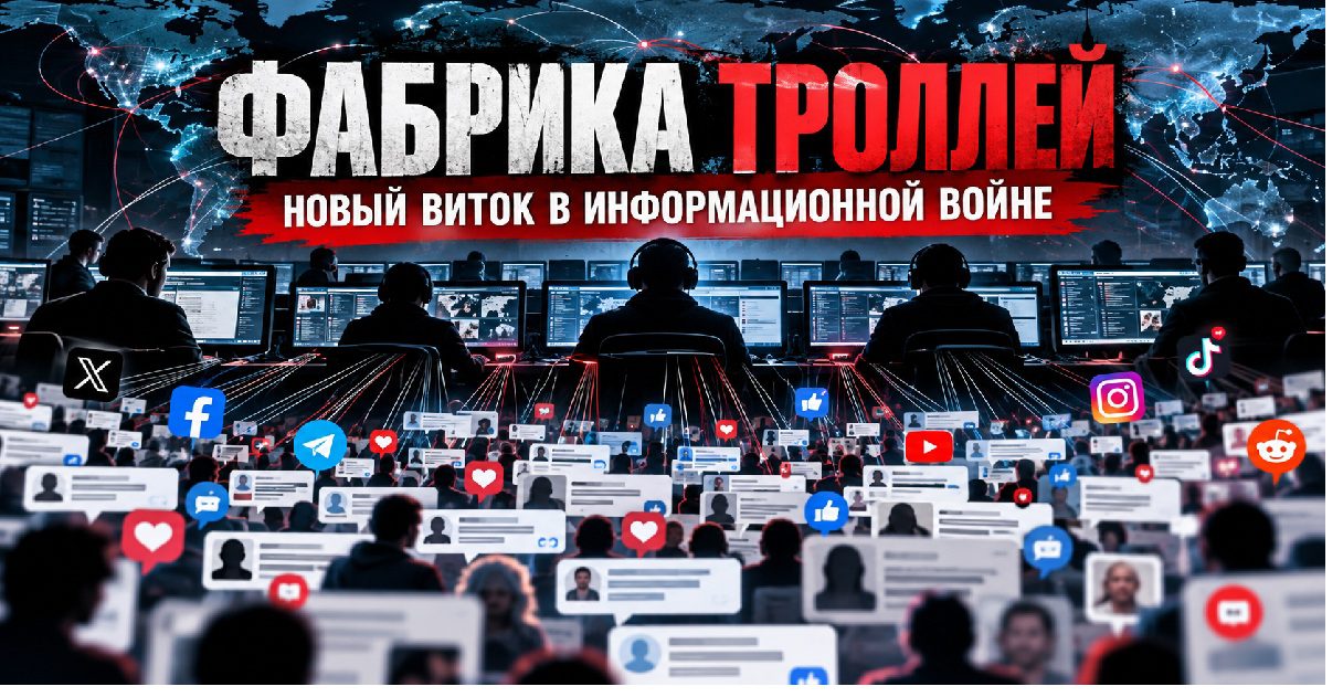 Фабрика троллей — центр управления информационными потоками, операторы за компьютерами, социальные сети и тысячи комментариев в интернете.