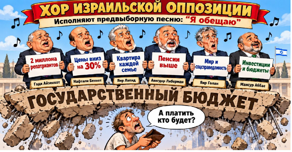 Политическая карикатура: Айзенкот, Беннет, Лапид, Либерман, Голан и Аббас поют хором предвыборные обещания, стоя на разрушающемся государственном бюджете Израиля.