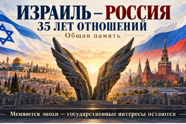 Иллюстрация к 35-летию дипломатических отношений Израиля и России: памятник «Крылья Победы», флаги двух стран, Иерусалим и Москва на фоне.