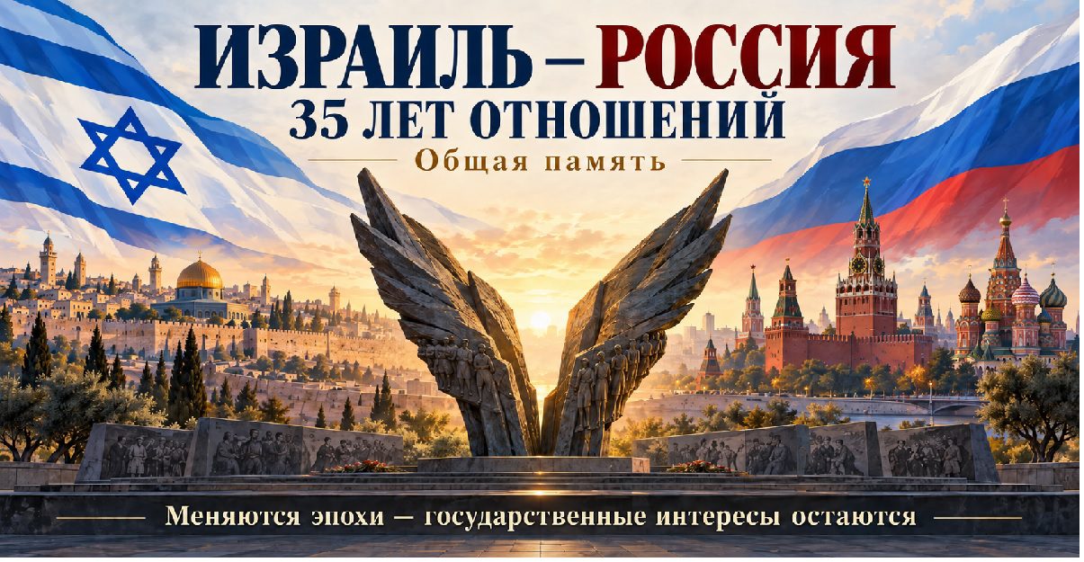 Иллюстрация к 35-летию дипломатических отношений Израиля и России: памятник «Крылья Победы», флаги двух стран, Иерусалим и Москва на фоне.