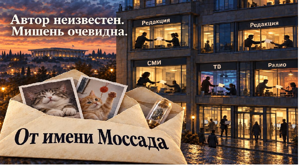 Сатирический конверт с надписью «От имени Моссада», фотографиями котиков и тенью неизвестного кукловода