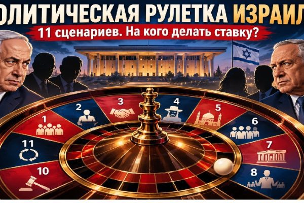 Политическая рулетка Израиля: Биньямин Нетаниягу и Гади Айзенкот по разные стороны рулетки с 11 сценариями формирования правительства, на заднем плане Кнессет и силуэты неизвестных политиков.