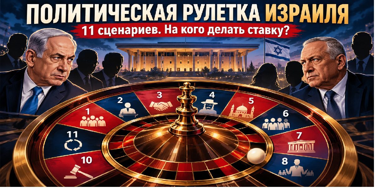Политическая рулетка Израиля: Биньямин Нетаниягу и Гади Айзенкот по разные стороны рулетки с 11 сценариями формирования правительства, на заднем плане Кнессет и силуэты неизвестных политиков.