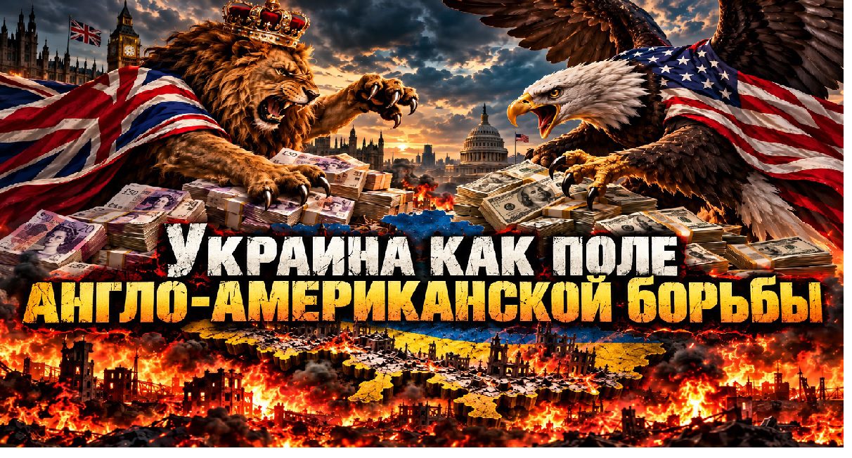 Британский лев и американский орёл противостоят друг другу над горящей Украиной, окружённые пачками фунтов стерлингов и долларов. Символическая борьба США и Великобритании за влияние на послевоенную Украину.