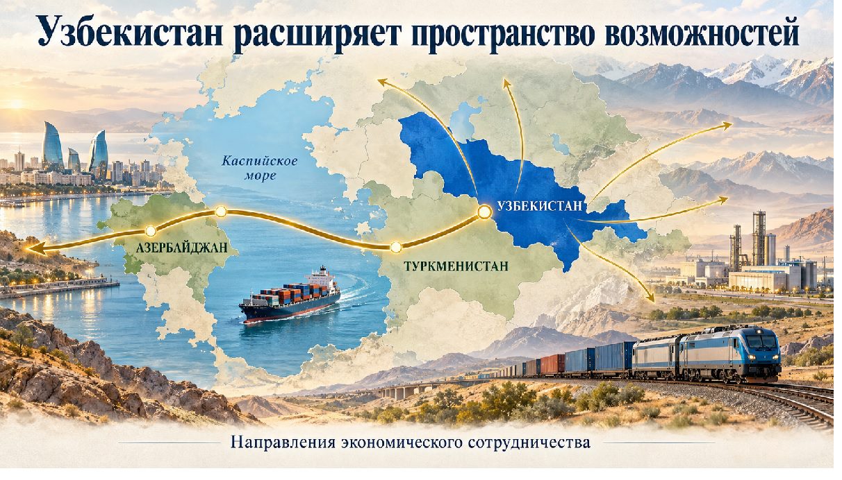 Узбекистан на карте экономических связей с направлением через Туркменистан и Каспийское море к Азербайджану.
