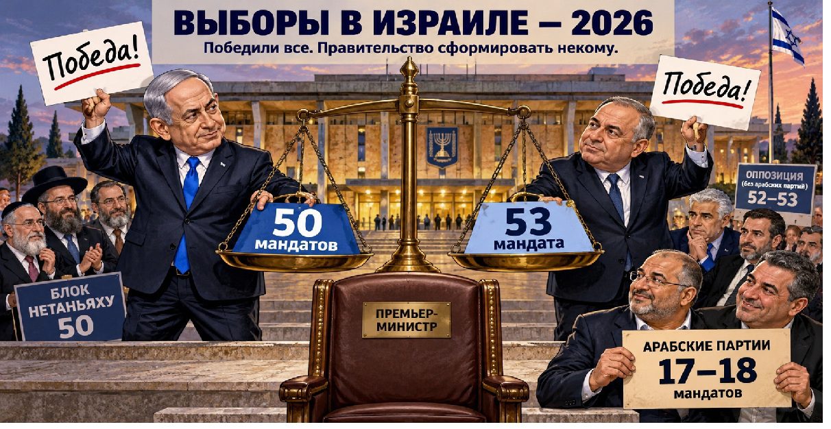 Политическая карикатура по итогам выборов в Кнессет 2026 года: Нетаньяху и Айзенкот объявляют о победе, парламентские блоки не имеют большинства, а арабские партии получают решающее влияние.