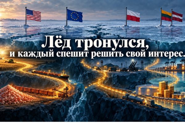 Схема с флагами США, Евросоюза, Польши, Литвы и Латвии над треснувшим льдом; под ним — калий, торговые пути и экономические интересы.