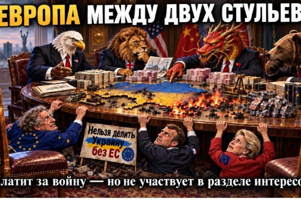 Политическая карикатура: США, Великобритания, Россия и Китай обсуждают будущее Украины за столом переговоров, а Макрон, фон дер Ляйен и представитель ЕС пытаются забраться за стол с плакатом «Нельзя делить Украину без ЕС».