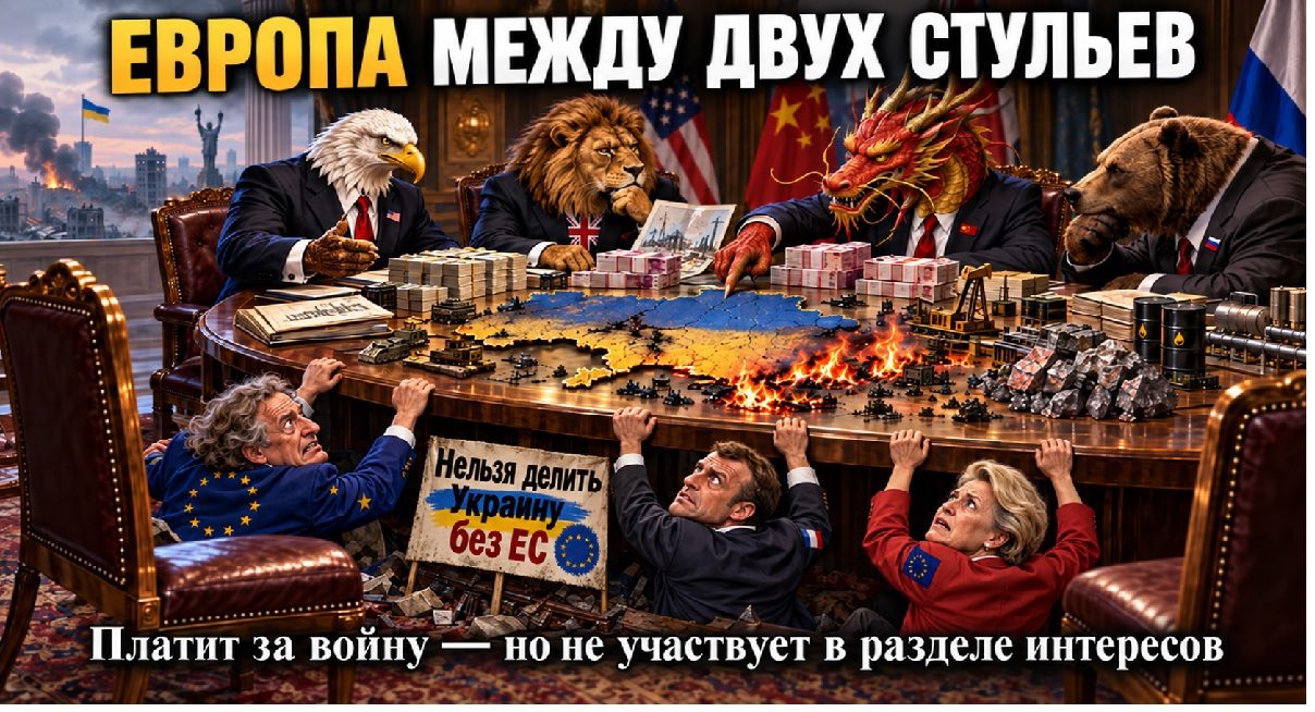 Политическая карикатура: США, Великобритания, Россия и Китай обсуждают будущее Украины за столом переговоров, а Макрон, фон дер Ляйен и представитель ЕС пытаются забраться за стол с плакатом «Нельзя делить Украину без ЕС».