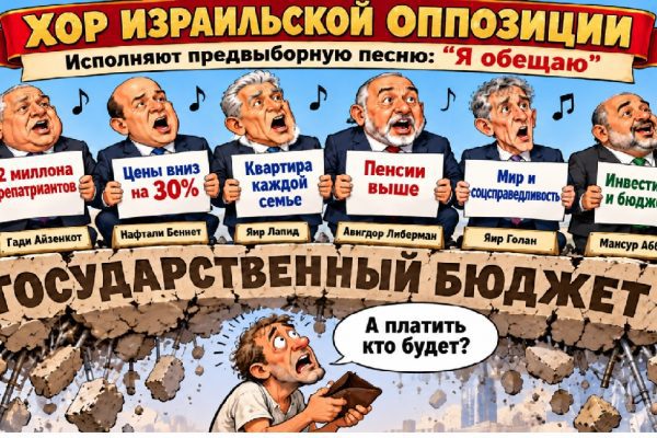 Политическая карикатура: Айзенкот, Беннет, Лапид, Либерман, Голан и Аббас поют хором предвыборные обещания, стоя на разрушающемся государственном бюджете Израиля.