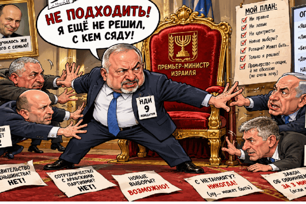 Политическая карикатура: Авигдор Либерман защищает кресло премьер-министра Израиля, отталкивая Нетанияху, Айзенкота, Беннета и Голана. На кресле надпись «Премьер-министр Израиля», рядом результаты предвыборных опросов.