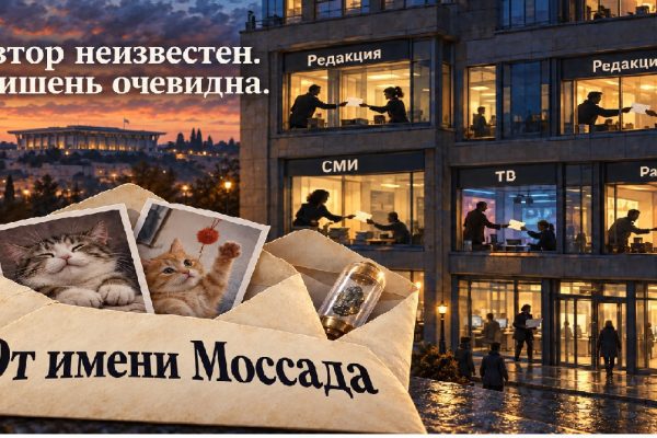Сатирический конверт с надписью «От имени Моссада», фотографиями котиков и тенью неизвестного кукловода
