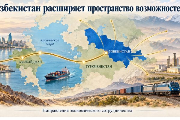 Узбекистан на карте экономических связей с направлением через Туркменистан и Каспийское море к Азербайджану.