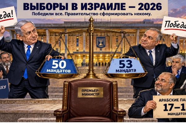 Политическая карикатура по итогам выборов в Кнессет 2026 года: Нетаньяху и Айзенкот объявляют о победе, парламентские блоки не имеют большинства, а арабские партии получают решающее влияние.